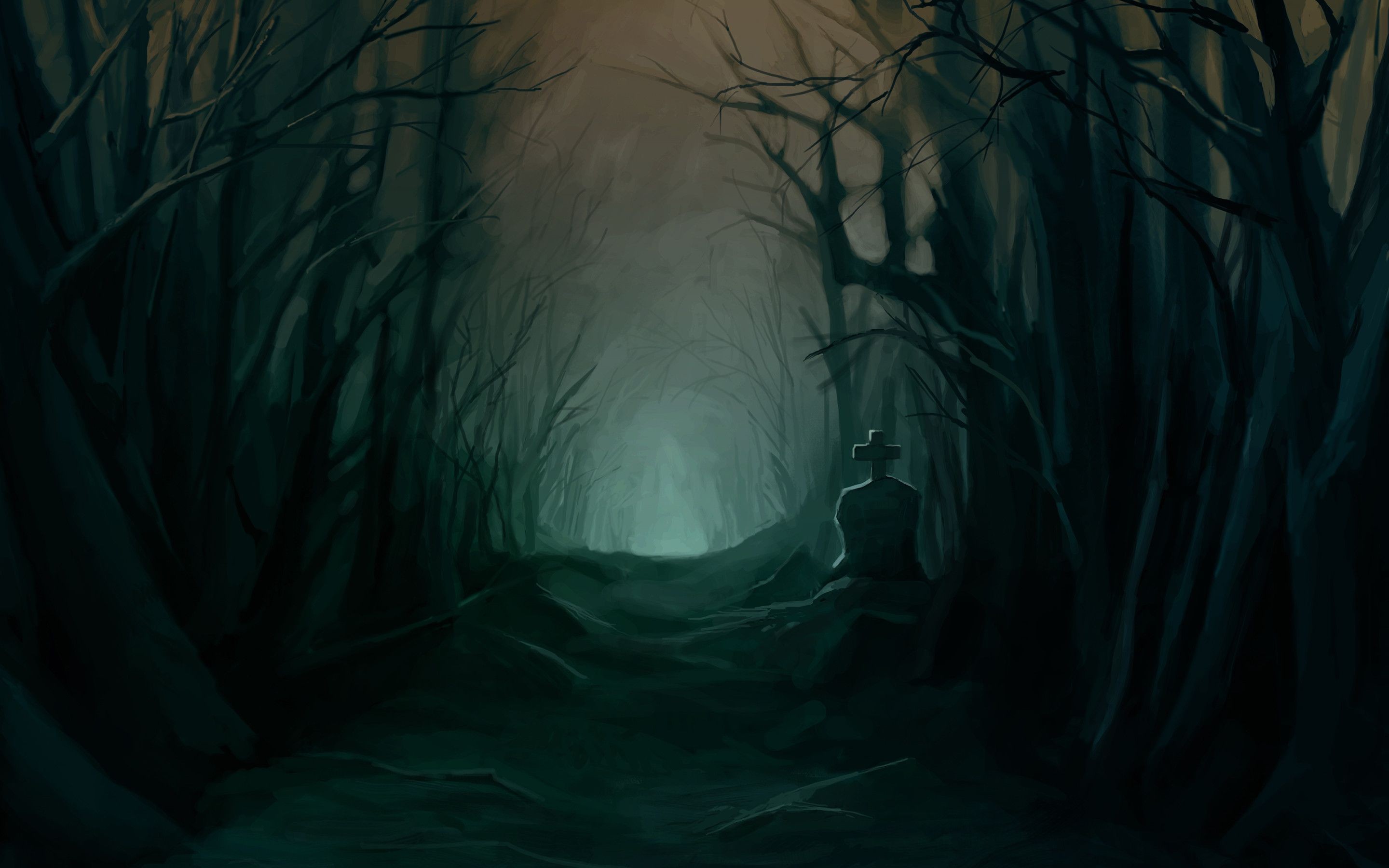 2880x1800 Wallpaper Sunlight, Trees, Painting, Forest, Digital Art, Dark - Creepy Forest Painting