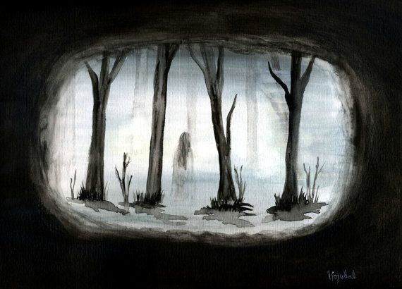 570x410 Creepy Abstract Art Ghost Forest Watercolor Painting Print - Creepy Forest Painting