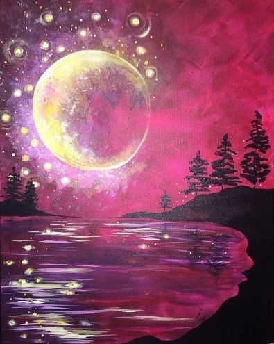 395x495 Huge Crescent Moon Painting With Bubbles And Pink Sky, Beginner - Crescent Moon Painting