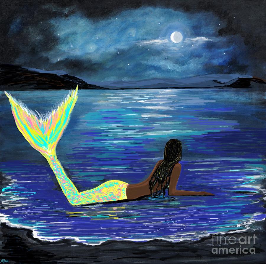900x891 Crescent Moon Bright Mermaid Painting By Leslie Allen - Crescent Moon Painting