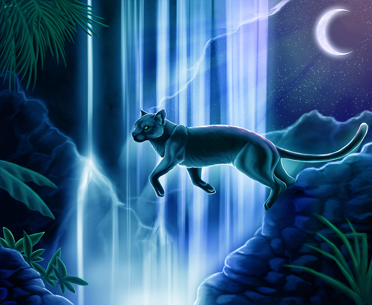 1251x1024 Image Panthers Big Cats Waterfalls Jump Moon Night Crescent Animals - Crescent Painting