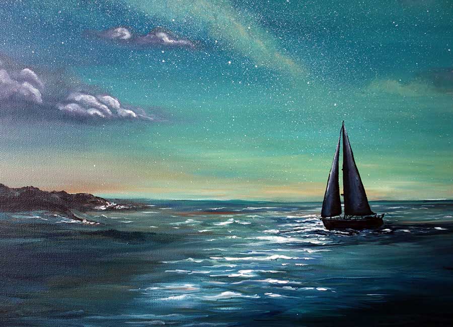 900x651 Moon Sailboat Painting, Crescent Moon Sailboat Seascape Painting - Crescent Painting