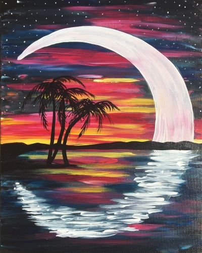 400x500 Cool Crescent Moon Tropical Painting. Beginner Painting Idea - Crescent Painting