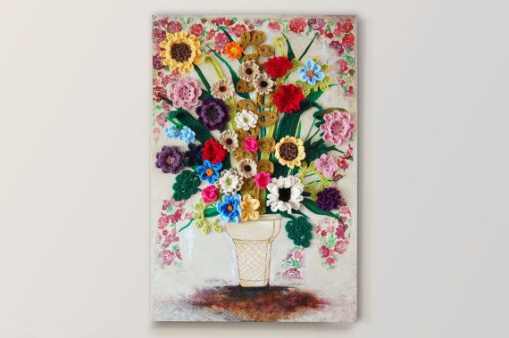 570x379 Floral Cone 24 X 36 Crochet + Painting On Canvas Painted Ice - Crochet Painting