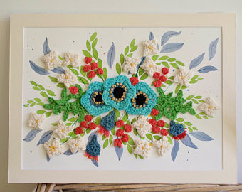 340x270 Watercolour And Crochet Original Painting Stripy Blossom - Crochet Painting