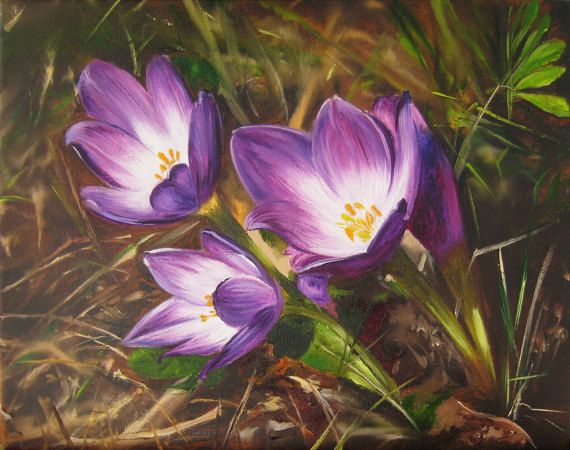 570x450 Crocus Flowers Painting Art Original Spring Flowers Painting - Crocus Painting