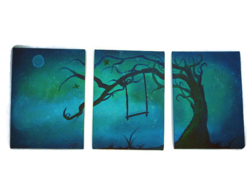 853x640 Original Triptych Acrylic Painting On Canvas - Crooked Painting