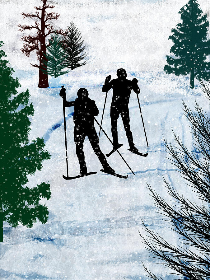 675x900 Two Cross Country Skiers In Snow Squall Painting By Elaine Plesser - Cross Country Painting