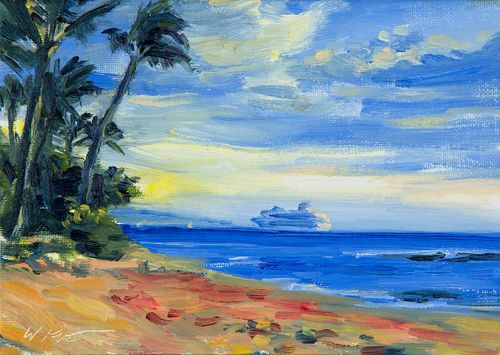 500x355 7 X 5 Oil Painting Cruise Ship In Maui Sunset Original - Cruise Painting