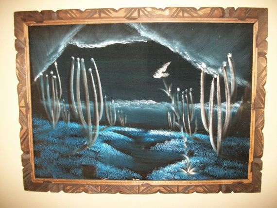 570x428 Large Vintage Black Velvet Painting Of Evening Desert Scene - Crushed Velvet Painting