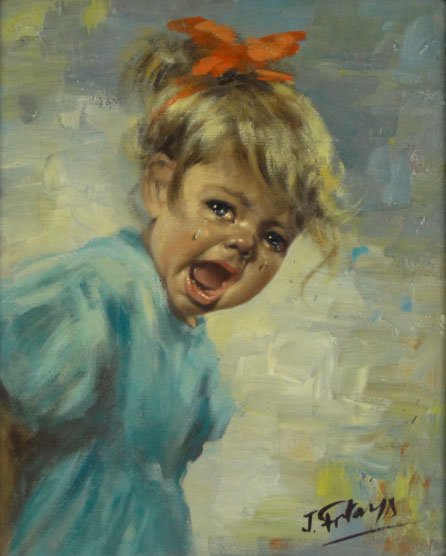 446x556 Vintage Oil Painting On Canvas Crying Baby Girl - Crying Baby Painting
