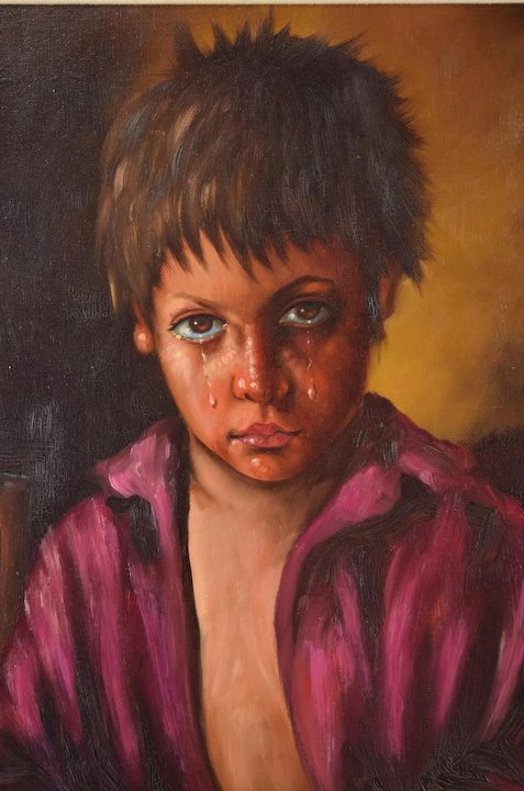 477x720 Vintage Oil Painting Portrait Of Crying Hungry Little Boy - Crying Painting