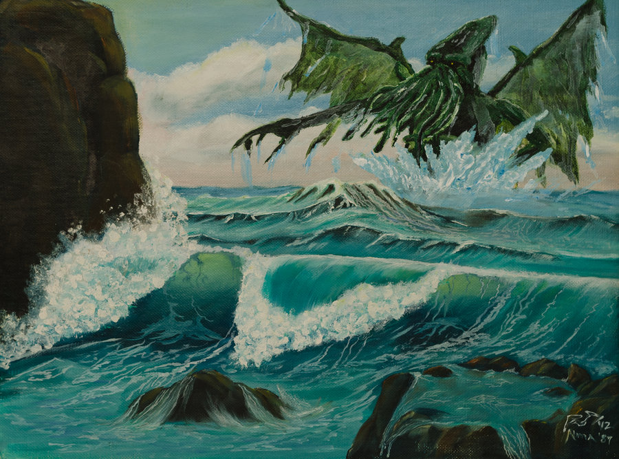 900x667 Cthulhu Comes Ashore (Thrift Store Painting 01) By Midnight - Cthulhu Painting