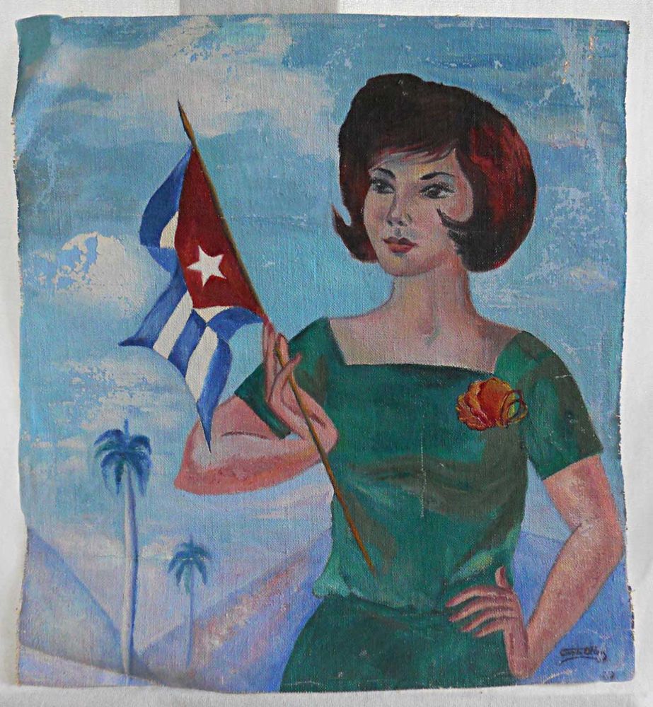 923x1000 Folk Art Vintage Original Painting Cuba Cuban Flag Cuesta Alley - Cuban Flag Painting