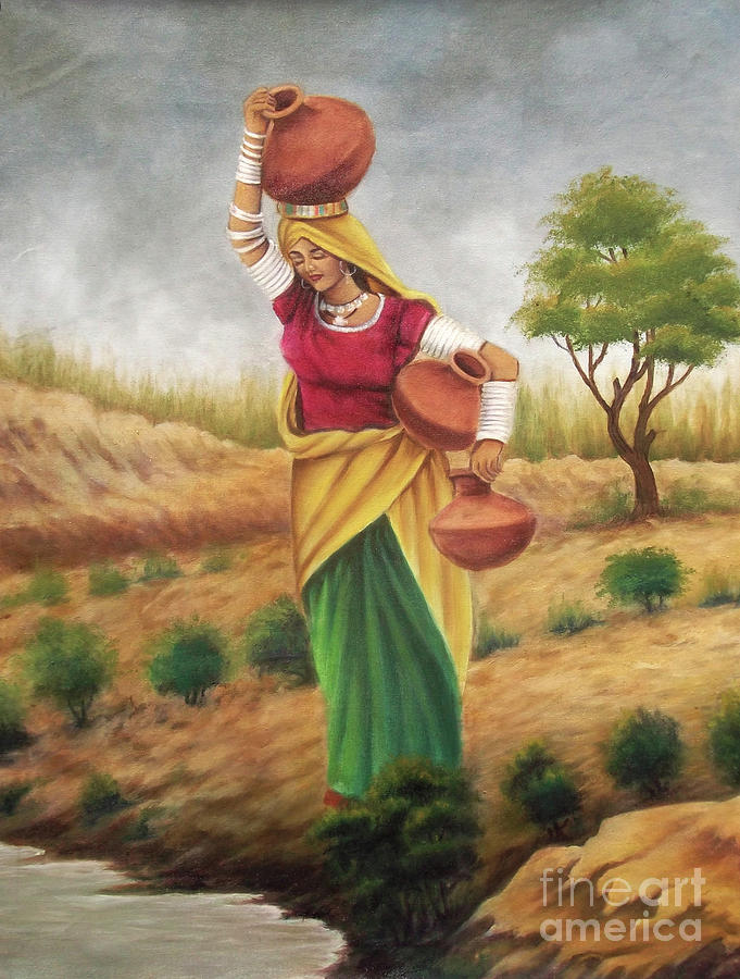 681x900 Pakistani Cultural Painting A Women Carrying Pitchers Of Water - Cultural Painting