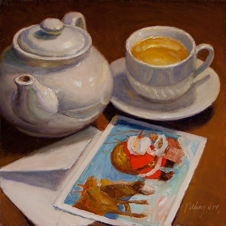 785x785 Wang Fine Art Tea Teapot And Postcard, Oil Painting Original - Cup Of Tea Painting