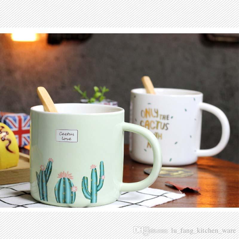 800x800 Creative Mugs With Bamboo Spoon Cute Hand Painting Cactus Pattern - Cup Painting