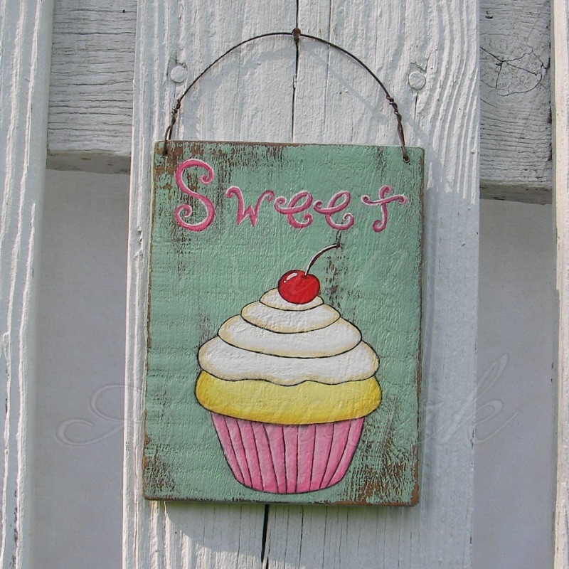 800x800 Original Cupcake Painting Sweet Sign Primitive Folk Art Chic Decor - Cupcake Painting