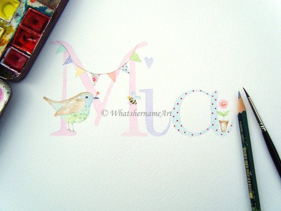 570x428 Name Art Custom Name Original Watercolour Painting Newborn - Custom Name Painting
