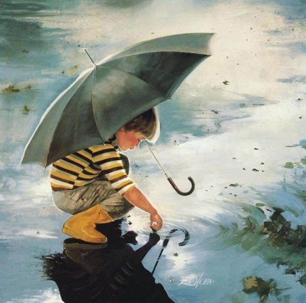 600x595 Cute Pictures To Paint Beautiful Boy Playing In Rain Water - Cute Boy Painting