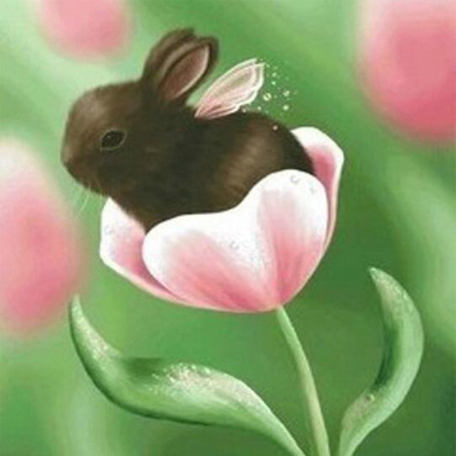 640x640 5d Full Diamond Flower And Cute Bunny Embroidery Sewing Diy - Cute Bunny Painting