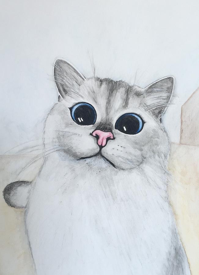 651x900 Cute Cat Painting By Anastasia Saburova - Cute Cat Painting
