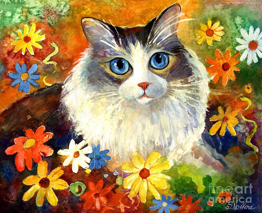 900x734 Cute Ragdoll Tubby Cat In Flowers Painting By Svetlana Novikova - Cute Cat Painting