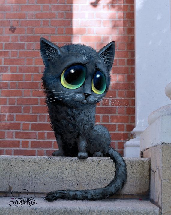 570x713 Black Cat Artwork Big Eyed Original Painting Wall Art Animal Art - Cute Cat Painting