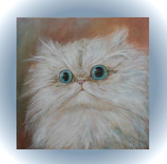 570x559 Cat Lover Gift For Her Persian Cat Decor Painting Cute Cat Lady - Cute Cat Painting