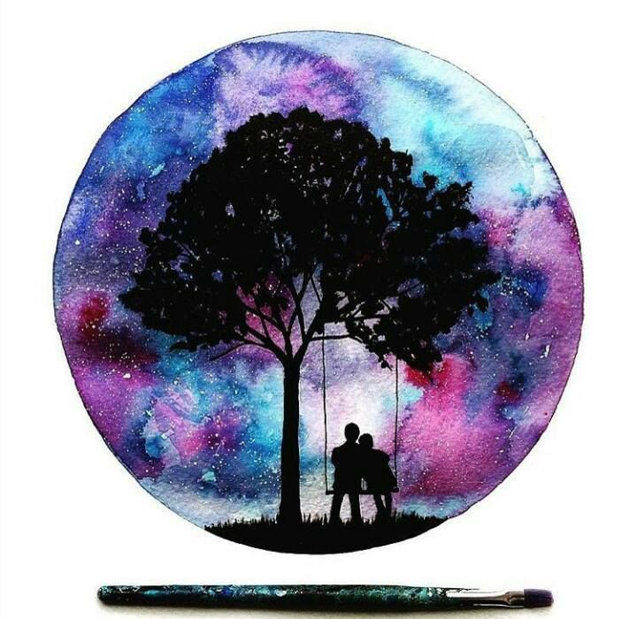 720x700 Cute Couple On Swing Under Tree, Galaxy Sky Painting In A Circle - Cute Couple Painting