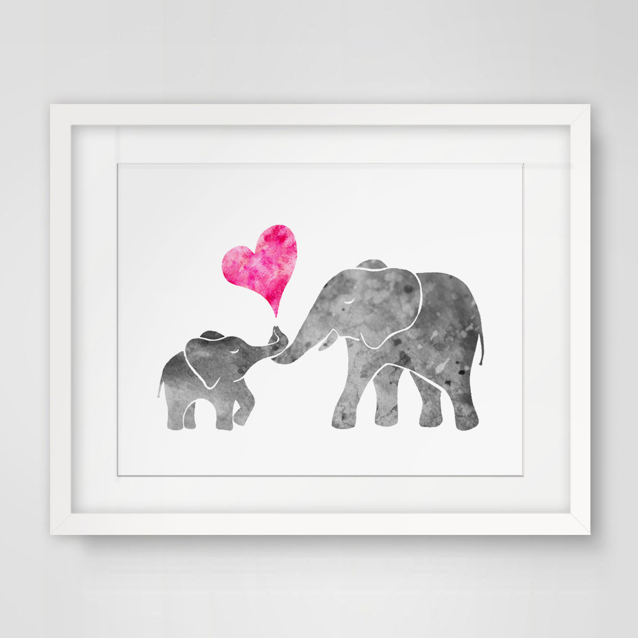 1300x1300 Watercolor Grey Baby Elephant With Mom Art Print Painting Wall Art - Cute Elephant Painting