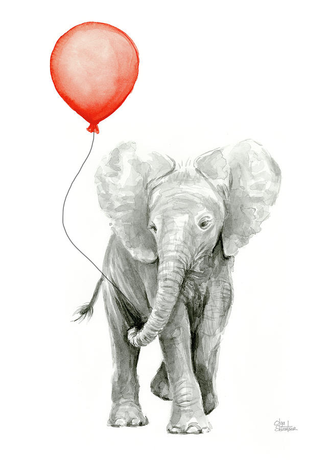 642x900 Baby Elephant Watercolor Red Balloon Painting By Olga Shvartsur - Cute Elephant Painting