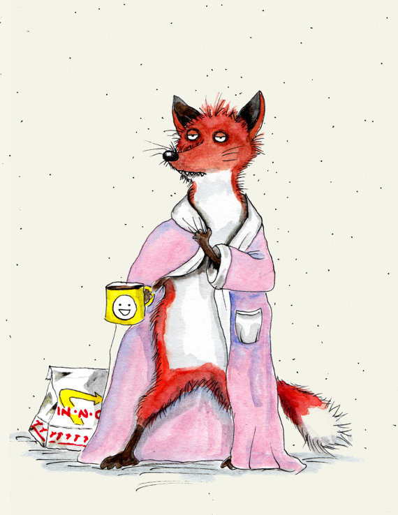 570x738 Hungover Fox Painting Cute Fox Watercolor Coffee Fox - Cute Fox Painting