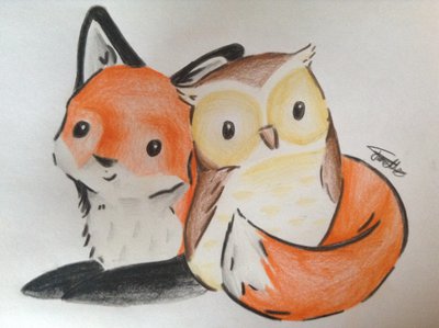 400x299 Cute Cartoon Owl And Fox By Cy6erwolf - Cute Fox Painting