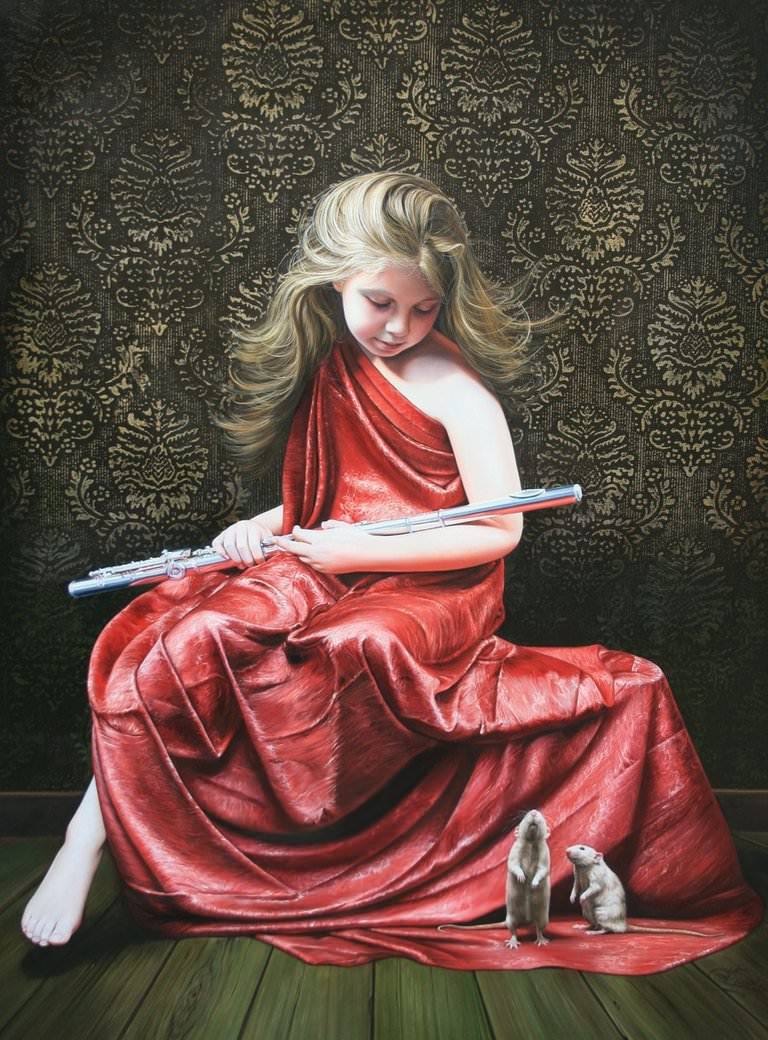 768x1040 Girl Rats Pets Children Cute Flute Music Fine Art Painting - Cute Girl Painting