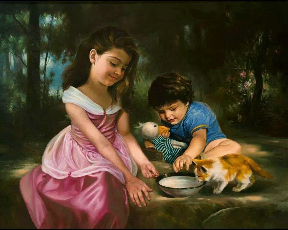 960x768 Amazing Painting Cute Kids And Kitten Beautiful Painting - Cute Girl Painting