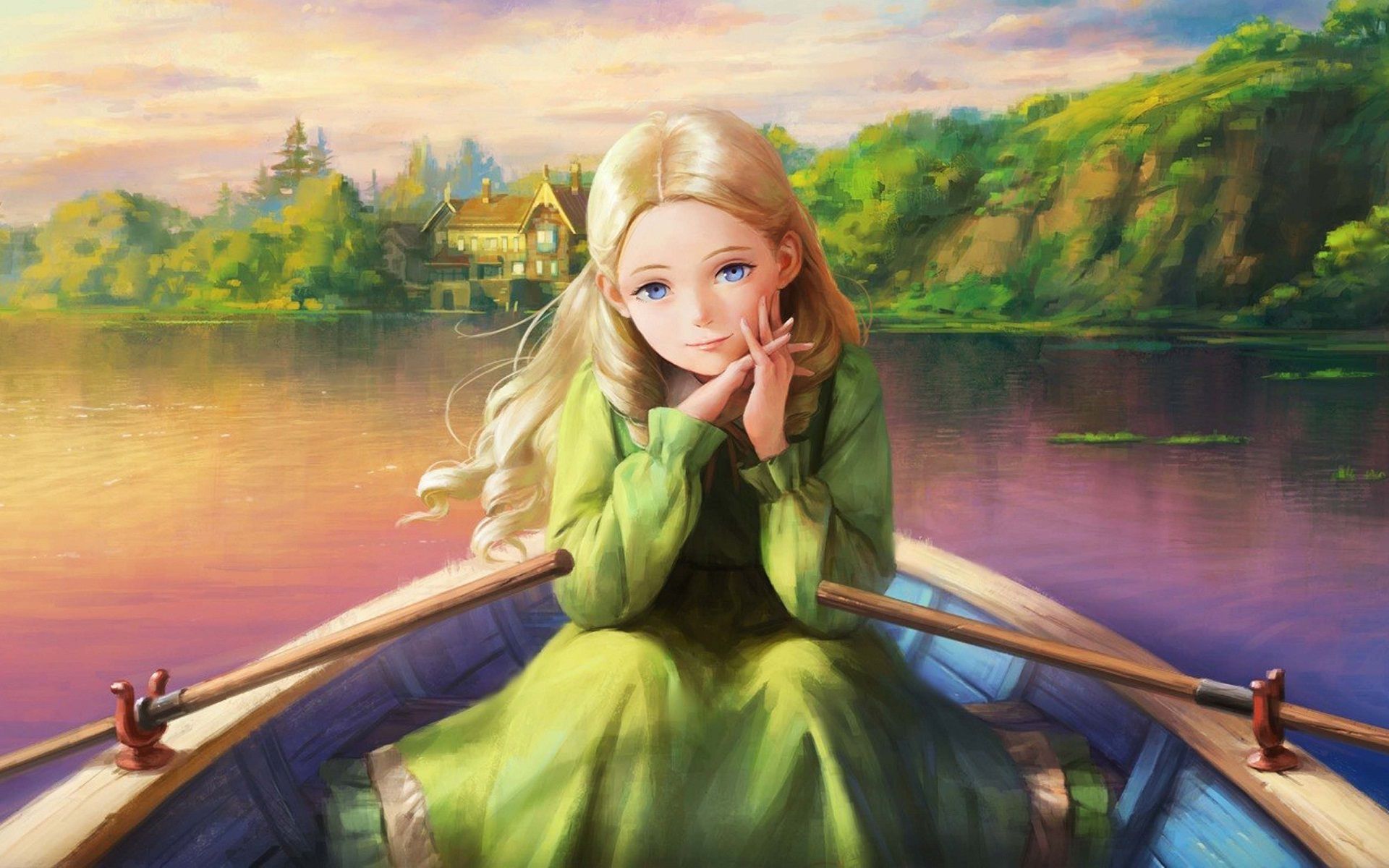 1920x1200 Art Painting Cute Girl In Boat Great Paintings - Cute Girl Painting