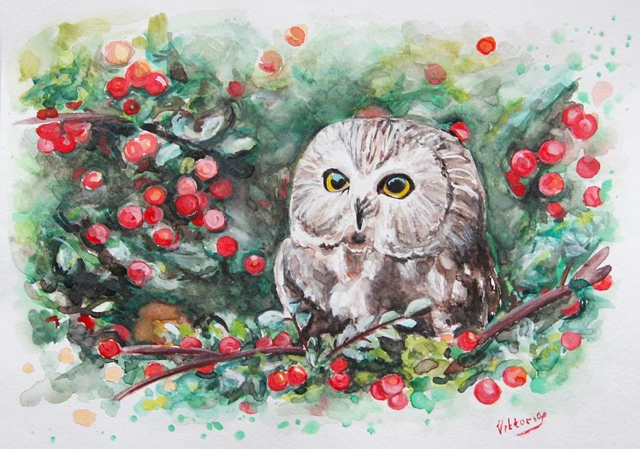 900x632 Cute Owl Painting By Viktoryia Lavtsevich - Cute Owl Painting