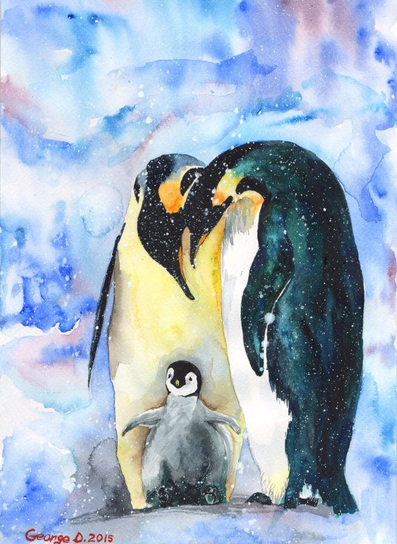 570x781 Penguins Family Watercolor Print Of The Original Painting Limited - Cute Penguin Painting