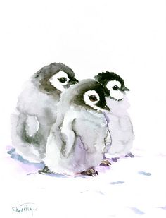 236x309 Aceo Baby Penguins Postcard Original Watercolor By Linkedarts - Cute Penguin Painting