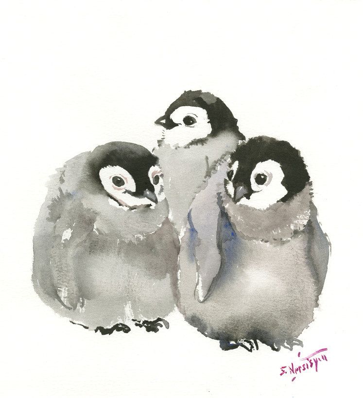747x820 Three Penguins, Original Watercolor Painting 10 X 9 In, Nursery - Cute Penguin Painting