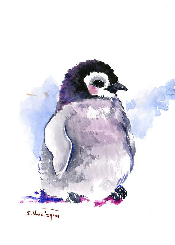 570x796 Cute Baby Penguin Original Watercolor Painting Nursery Wall - Cute Penguin Painting