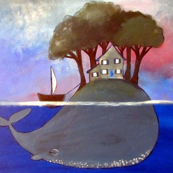 354x354 Original Nursery Art Whimsical Rabbit From Andralynn Whimsical - Cute Whale Painting