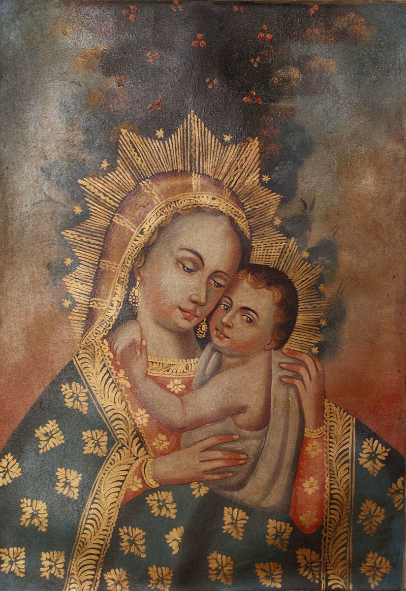 825x1200 Madonna And Child Original Colonial Cuzco Peru Folk Art Oil - Cuzco Painting