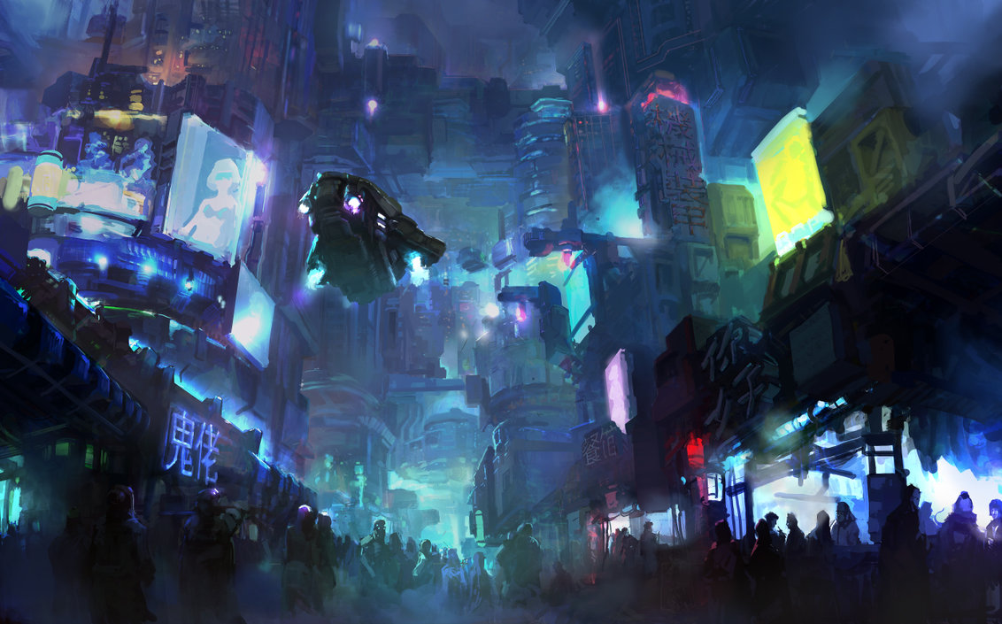 1132x705 Cyberpunk City Byestepart - Cyberpunk Painting