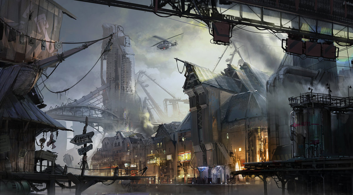 1202x664 Cyberpunk Port Town By Ptitvinc - Cyberpunk Painting