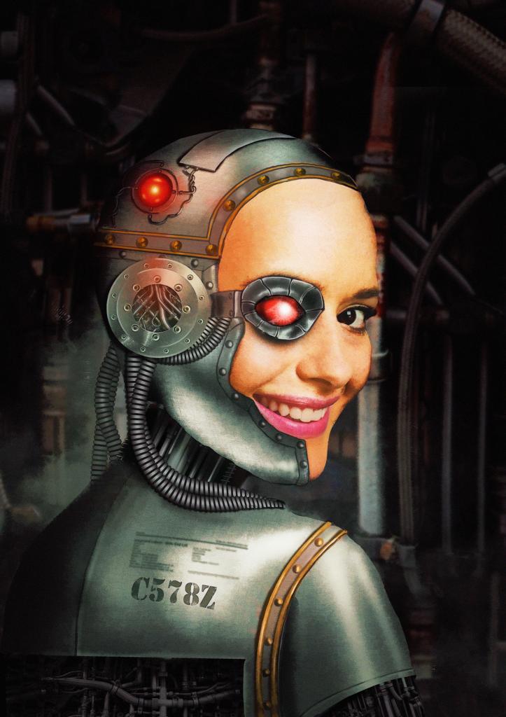723x1024 Smiling Cyborg By Adrian Schmit - Cyborg Painting