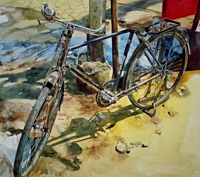 690x613 Old Cycle By Artist Uday Bhan Realism, Painting Mojarto 156211 - Cycle Painting