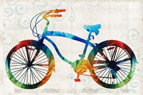 570x380 Bike Art Print From Painting Bicycle Cycle Primary Colors Rainbow - Cycle Painting