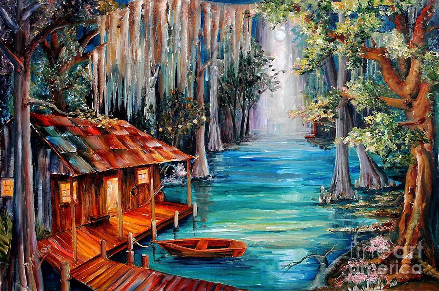 900x598 Moon On The Bayou Painting By Diane Millsap - Cypress Bayou Painting